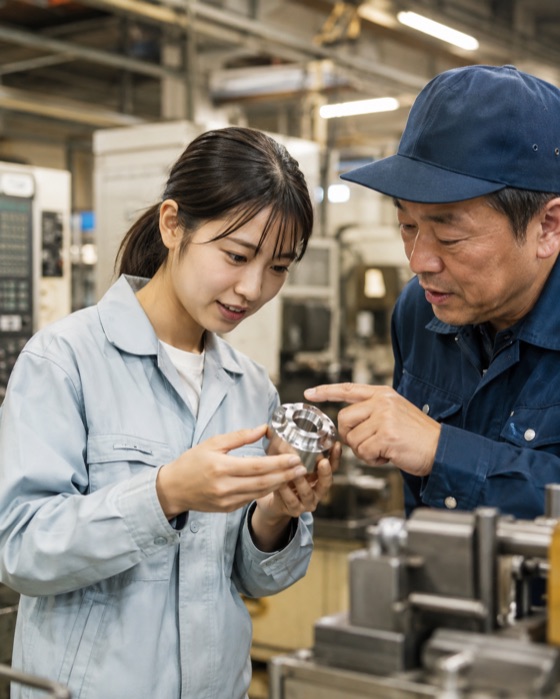 地域メーカーの製造現場で、社員と一緒に部品を確認する女子学生