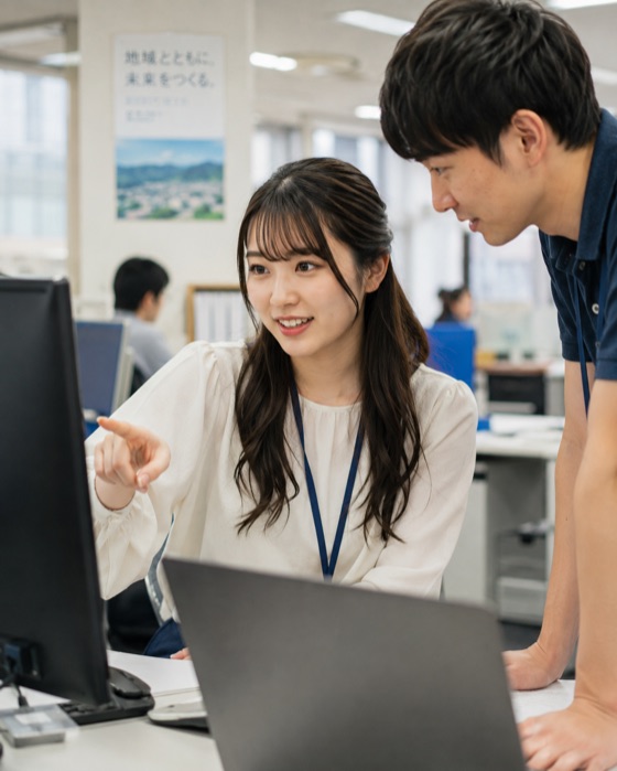 地方IT企業のオフィスで、先輩社員とモニターを見ながら働く女子学生