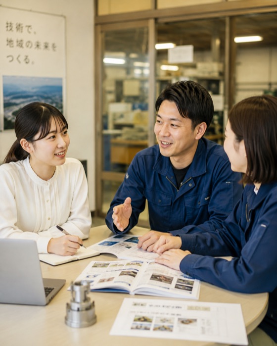 地域技術企業の打ち合わせで、社員と一緒に資料を見る女子学生