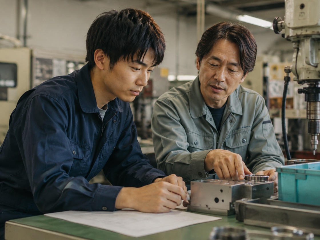 地方企業の現場で先輩社員と一緒に実務にあたる学生