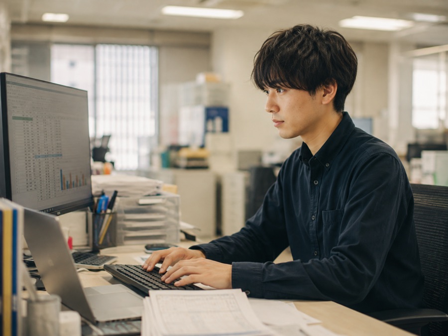表計算ソフトでデータ入力を行う学生の手元