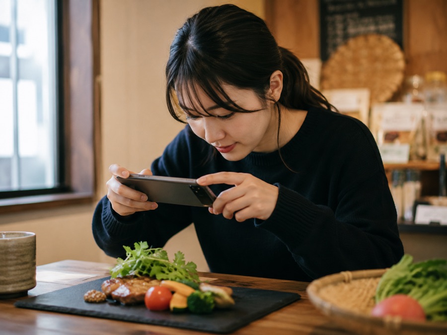 商品をスマホで撮影しSNS用コンテンツを作る学生